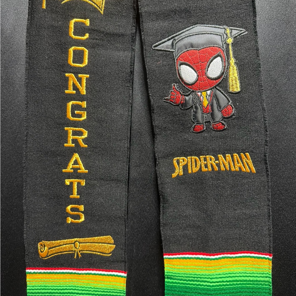Spider-Man Custom Graduation Stole in Black with Yellow & Multicolor Trim